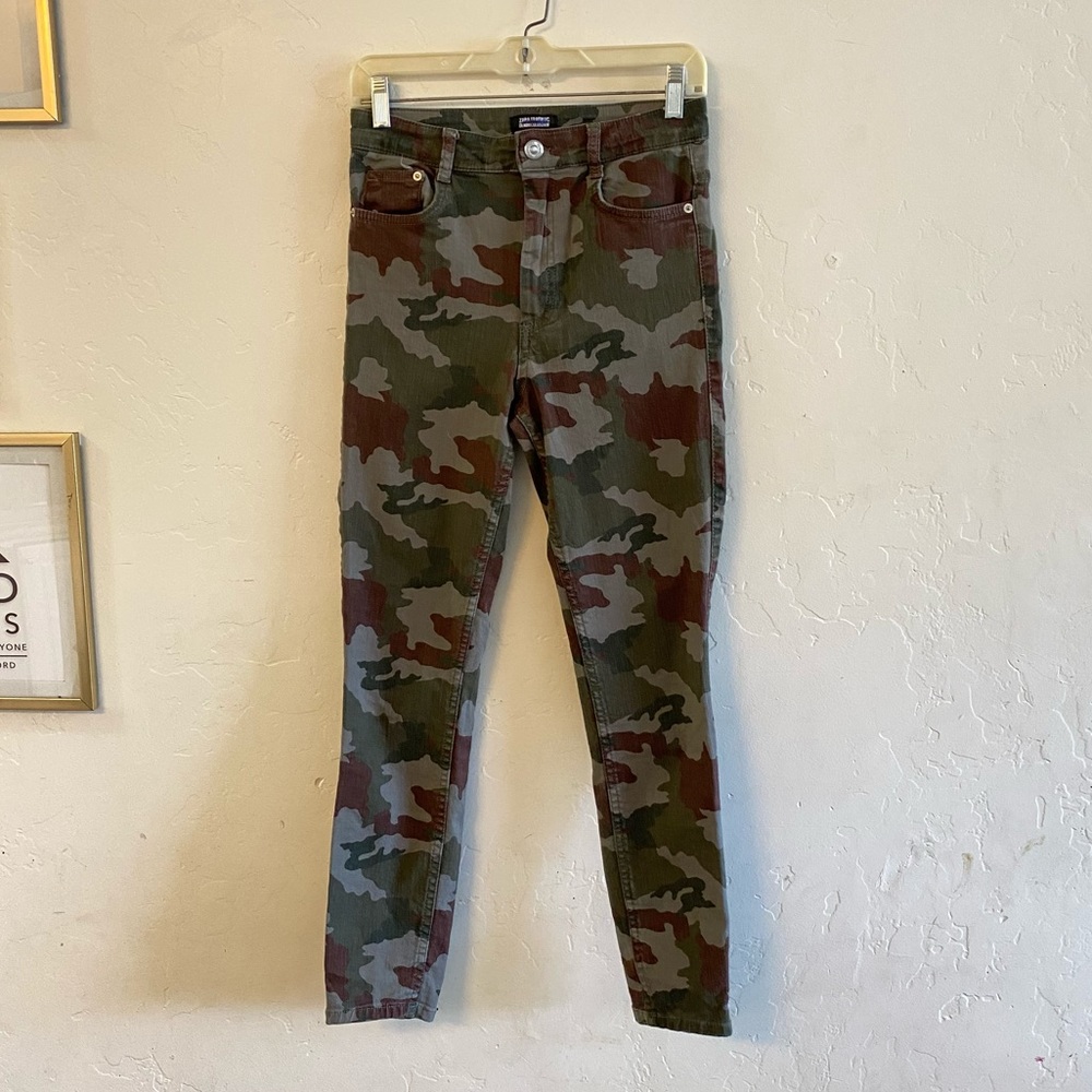 Zara Olive Green & Brown Camo Print Skinny Jeans Size 6